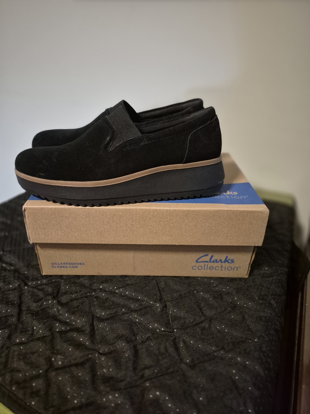 Clarks Women’s Suede Black Wedge Slip-On